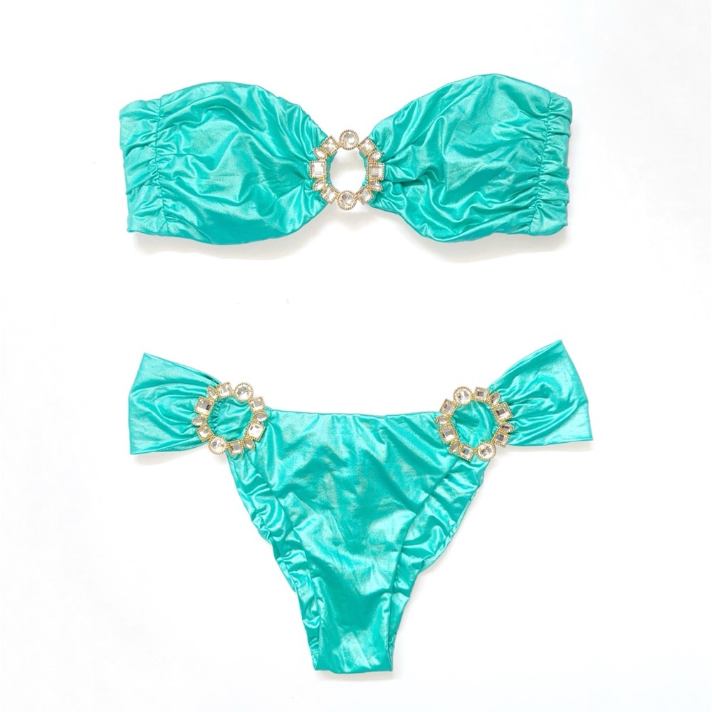 BEACH BUNNY TRAL GREEN SHOW & TELL CRYSTAL RHINESTONE RING STRAPLESS BIKINI SET - Picture 2 of 11